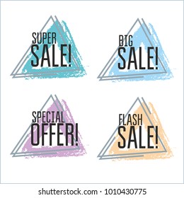 Set of flat shaped banners, price tags, stickers, badges. Vector illustration.