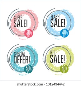 Set of flat shaped banners, price tags, stickers, badges. Vector illustration.