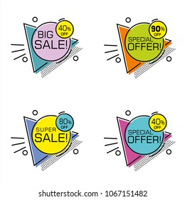 Set of flat shaped banners, price tags, stickers, badges. Vector illustration.