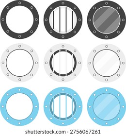 Set of flat ship porthole icons with glass and metal frames in different color variations.
