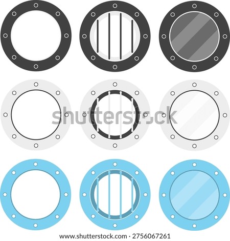Set of flat ship porthole icons with glass and metal frames in different color variations.
