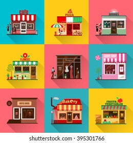 Conjunto de iconos de fachadas de edificios planos. Ilustración vectorial para el diseño de la casa de la tienda local. Café callejero, comercio minorista, quiosco de porquería de pizza, aplicación de concepto del centro comercial de comida de fruta de la tienda de bebés