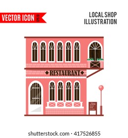 Set of flat shop building facades icons. Vector illustration local market store design. Street restaurant, retail, shoes stall, ice cream, toys game, bank, chinese, pharmacy, barber, music. App sign