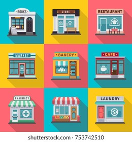 Set of flat shop building facades icons. Vector illustration for local market store house design. Shop facade building, street front commercial market