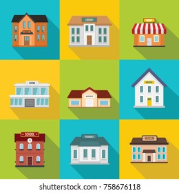 Set of flat shop building facades icons with long shadow. Vector illustration for town local market store house design. Shop facade building, street front commercial market and school