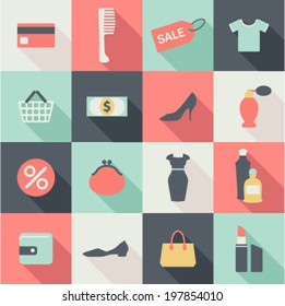 set of flat shopping icons with shadows