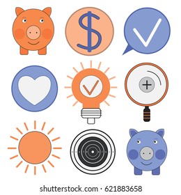 Set of flat signs with positive meaning in orange and blue colors