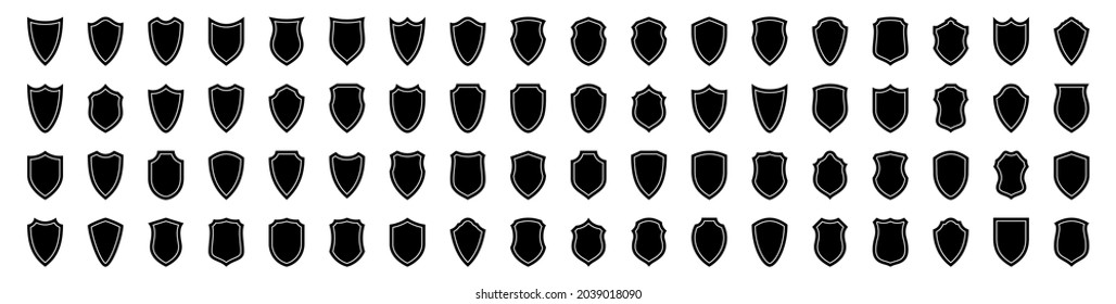 Set of flat silhouette icons of protective shields. Knightly military shield insignia of different shapes. Vector elements.