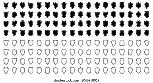 Set of flat silhouette icons of protective shields. Knightly military shield insignia of different shapes. Vector elements.