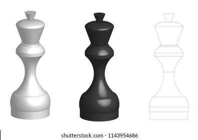set of flat silhouette and two 3d volume chess queens pieces isolated on white background, eps 10 vector illustration.