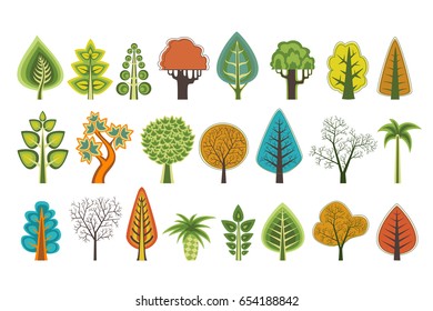 A set of flat silhouettes of trees of various natural types and subspecies for design, conceptual presentations and business cards, ecology botany sites