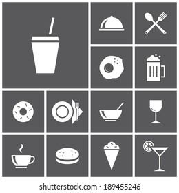 Set of flat simple colored icons (food, restaurant, kitchen), vector illustration