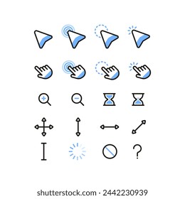 A set of flat simple cursor icons. Minimalistic flat mouse cursor, pointer, hand, zoom in, zoom out.