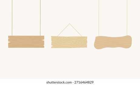 Set aus flachem, einfachem, hängendem Holzschild mit Seil, unterschiedlicher Form und Stildarstellung