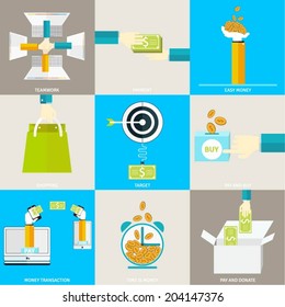 Set of flat simple icons, concept design illustrations of payments and earning methods, money transactions. Simple icons for mobile and web apps, elements for website pages.