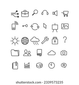 Establece o establece iconos simples y planos aplicaciones móviles, interfaz de usuario y web. Iconos de línea vectorial para interfaz móvil, infografía, base de datos en la nube, ilustración aislada.
