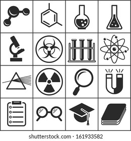 Set of flat simple icons (science, physics, chemistry), vector illustration