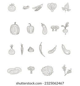 Set of flat simple monochrome spiral vegetables. Vector illustration
