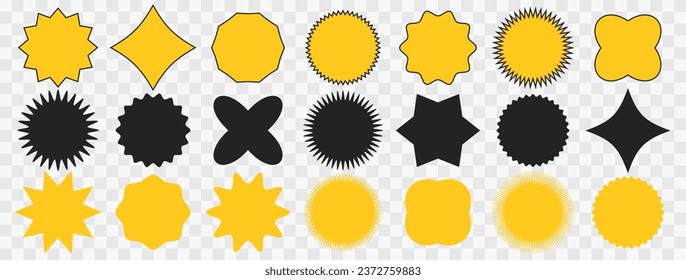 Conjunto de formas simples y planas de starburst. Burbujas de habla de color amarillo estallido. Etiquetas Promo de explosión de sol de color negro y amarillo. 
