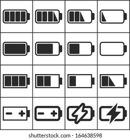 Conjunto de iconos planos y simples de la web (indicadores de nivel de carga, baterías, acumuladores ), ilustración vectorial