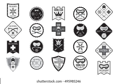 Set of flat ski logos, ski patrol, rental, skiing club. Mountain first aid illustration.
