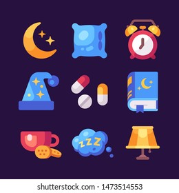 Set of flat sleep icons on dark background. Moon, pillow, alarm clock, pills, tea, lamp, book and sleeping cap