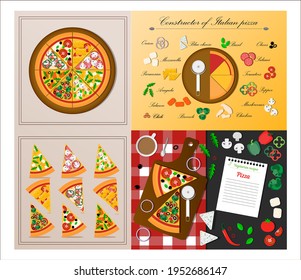 Un conjunto de rebanadas planas de pizza. Ilustración vectorial de una variedad de pizzas. Se cortan trozos de un plato italiano con tomates, pollo, salami, salmón, queso, pimienta, chile, cebolla, arugula, Basil y setas. 