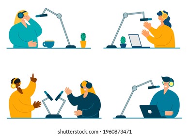 Set of flat smiling people recording audio podcast or online show. The radio DJ is broadcasting online. Man interviewing woman. Flat vector illustration.