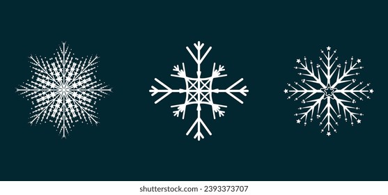 Establece iconos de nieve plana, silueta. Buen elemento para la pancarta de Navidad, tarjetas. Conceptos de adorno de año nuevo. Grupo de copos de nieve suave aislados en fondo negro