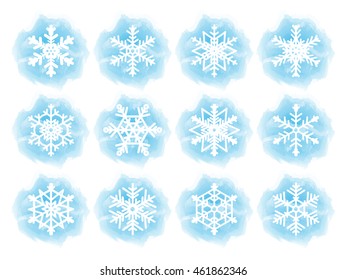 Set of flat snowflake icons. White snowflakes on blue watercolor imitation backgrounds. Vector illustration.