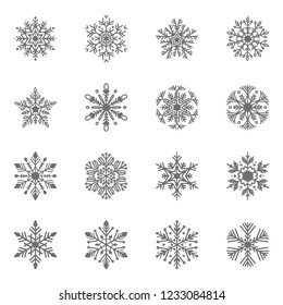 Set of flat snowflakes in line art style. Geometric snow symbol in line isolated silhouette symbol.  New Year and Christmas holidays linear black design elements