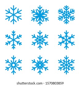 Set of flat snowflakes on white background. Flat snow icons, silhouette. Decorative set of elements of various winter snowflakes. For greeting New Year and Christmas cards, banners, invitations