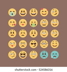 Set of flat solid color emoticons, emoji isolated on brown background, vector illustration.