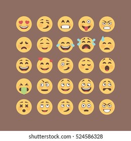 Set of flat solid color emoticons, emoji isolated on brown background, vector illustration.