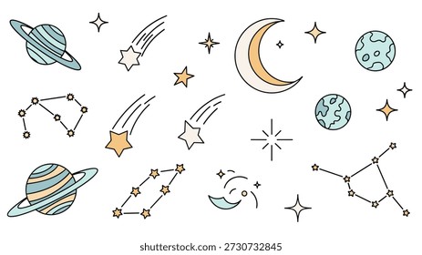 Set of flat space icons featuring planets with rings stars constellations a crescent moon and shooting stars for design.