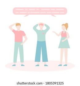 Set of flat speaking people with dialogue speech bubbles. Two men and a girl chat with each other. Cartoon characters.