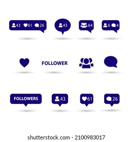 Set of flat speech bubble banners. Comment and Follower, Like icons collection modern design. App story web phone European Football sports fans Template Soccer competition design Vector illustration