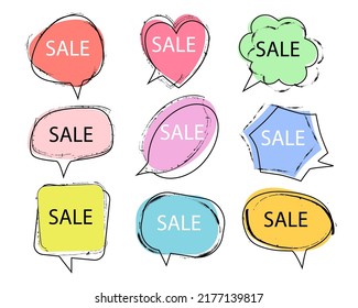 A set of flat speech bubble shaped banners, price tags, stickers, badges.Discounts. Vector illustration.