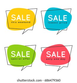 Set of flat speech bubble shaped banners, price tags, stickers, badges. Vector illustration.