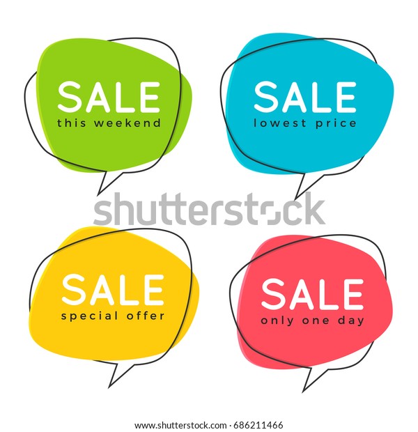 Set of flat speech bubble shaped\
banners, price tags, stickers, badges. Vector\
illustration.