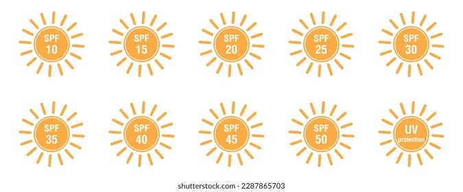 Set of flat SPF sun protection icons isolated on white background. Icons for sunscreen products or other skin cosmetics. Vector illustration