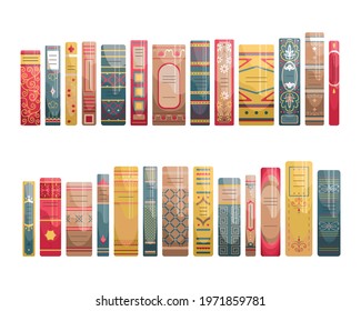 A set of flat spines of books in retro style, classic editions.