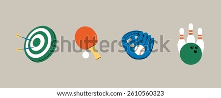 Set of flat sport icons – target, ping pong, baseball, bowling.  Isolated vector illustration for games, sports equipment, and activity design