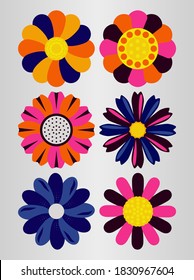 Set of flat spring floral icons in silhouette, result isolated on white. Cute retro illustrations in vibrant colors for stickers, labels, tags, scrapbooking