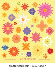 Set of flat spring floral icons in silhouette. Cute retro illustrations in vibrant colors for stickers, labels, tags, scrapbooking.