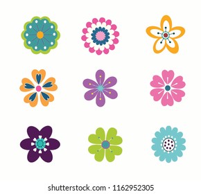 Set of flat Spring flower icons in silhouette isolated on white. Cute retro illustrations in bright colors for stickers, labels, tags, scrapbooking.