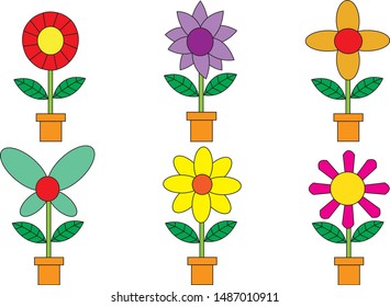Set of flat Spring flower icons in silhouette isolated on white. Cute retro illustrations in bright colors for stickers, labels, tags, scrapbooking.