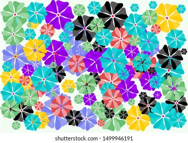 Set of flat Spring flower icons in silhouette isolated on white. Cute retro illustrations in bright colors for stickers, labels.