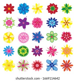 Set of flat Spring flower icons in silhouette isolated on white. Cute retro illustrations in bright colors for stickers, labels, tags, scrapbooking.