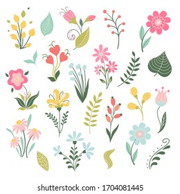 Set of flat Spring flower icons in silhouette isolated on white. Cute illustrations in bright colors for stickers, labels, tags, scrapbooking.